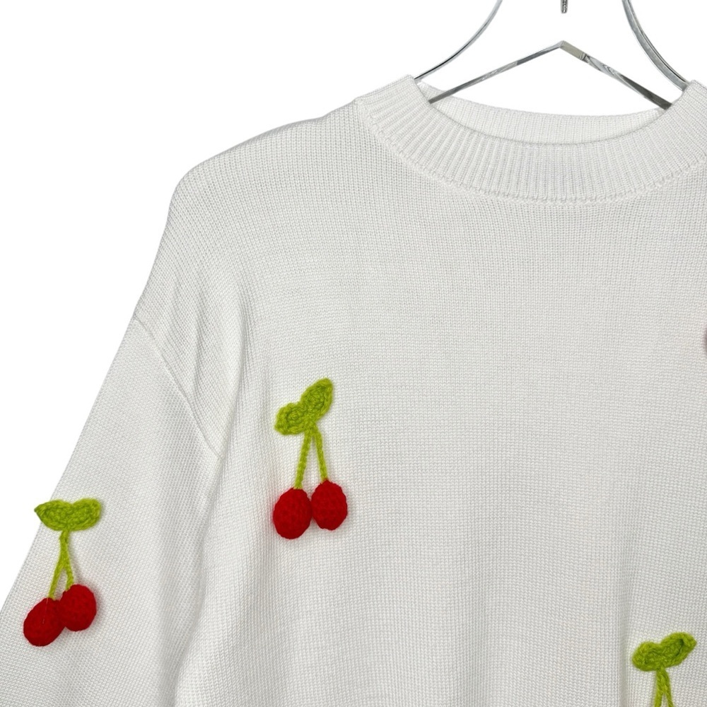NEW On Twelfth White 3D Cherry Women’s Crew Balloon Sleeve Sweater Sz S - Picture 4 of 11